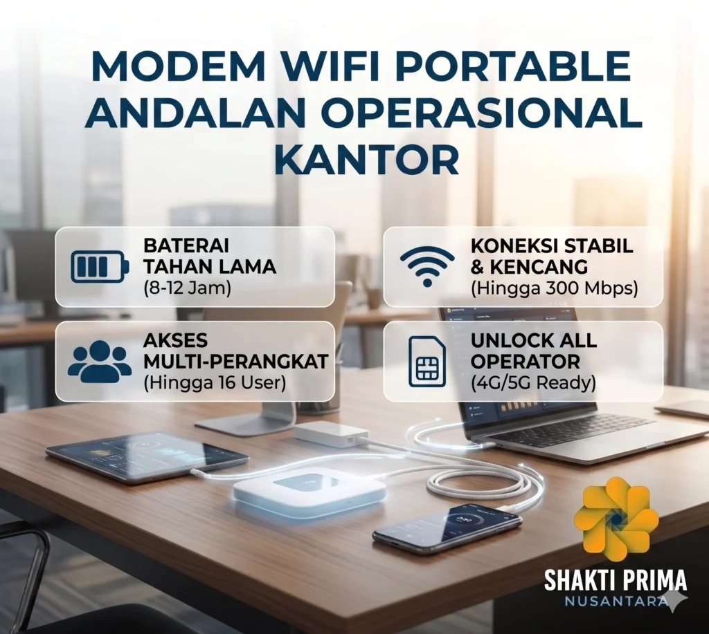 Infografis keunggulan modem WiFi portable untuk operasional kantor dari Shakti Prima Nusantara: Baterai 8-12 jam, kecepatan 300 Mbps, akses 16 user, dan unlock all operator 5G ready.