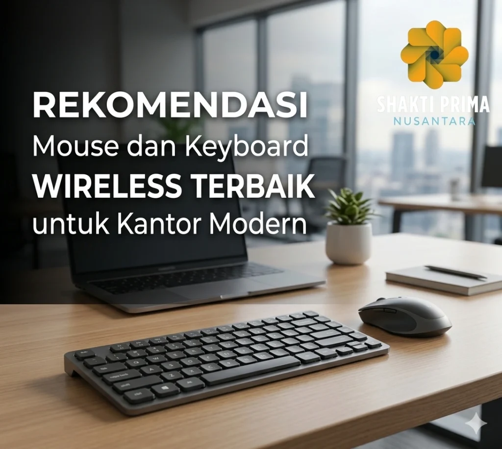 Banner promosi dari Shakti Prima Nusantara dengan latar belakang meja kantor modern yang menampilkan keyboard dan mouse wireless. Teks pada gambar berbunyi: 'REKOMENDASI Mouse dan Keyboard WIRELESS TERBAIK untuk Kantor Modern'.