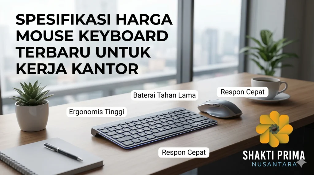 Infografis dari Shakti Prima Nusantara berjudul 'Spesifikasi Harga Mouse Keyboard Terbaru untuk Kerja Kantor'. Gambar menampilkan set keyboard nirkabel tipis berwarna abu-abu gelap dan mouse ergonomis di atas meja kayu minimalis. Terdapat label fitur: Ergonomis Tinggi, Baterai Tahan Lama, dan Respon Cepat. Latar belakang menunjukkan suasana kantor modern dengan tanaman hias dan secangkir kopi.