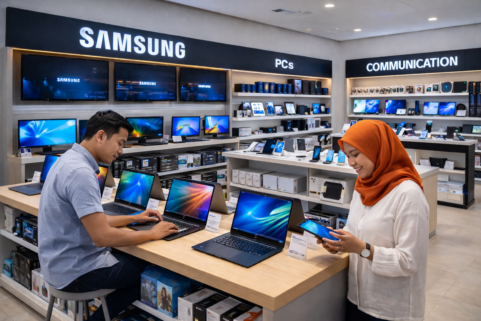 Toko Samsung dengan pelanggan yang sedang berbelanja