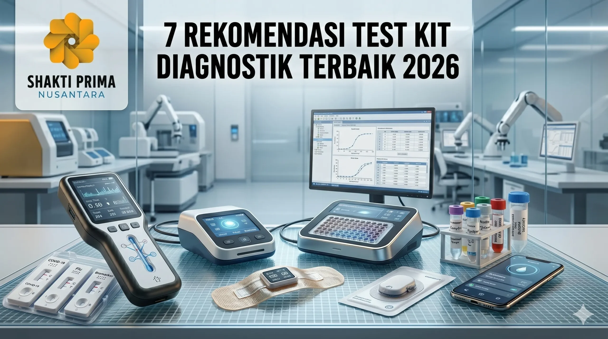 7 Rekomendasi test kit diagnostik terbaik 2026 dari Shakti Prima Nusantara, menampilkan berbagai alat medis modern seperti pembaca PCR portabel, alat uji cepat (rapid test), sensor kesehatan wearable, dan perangkat analisis laboratorium digital.