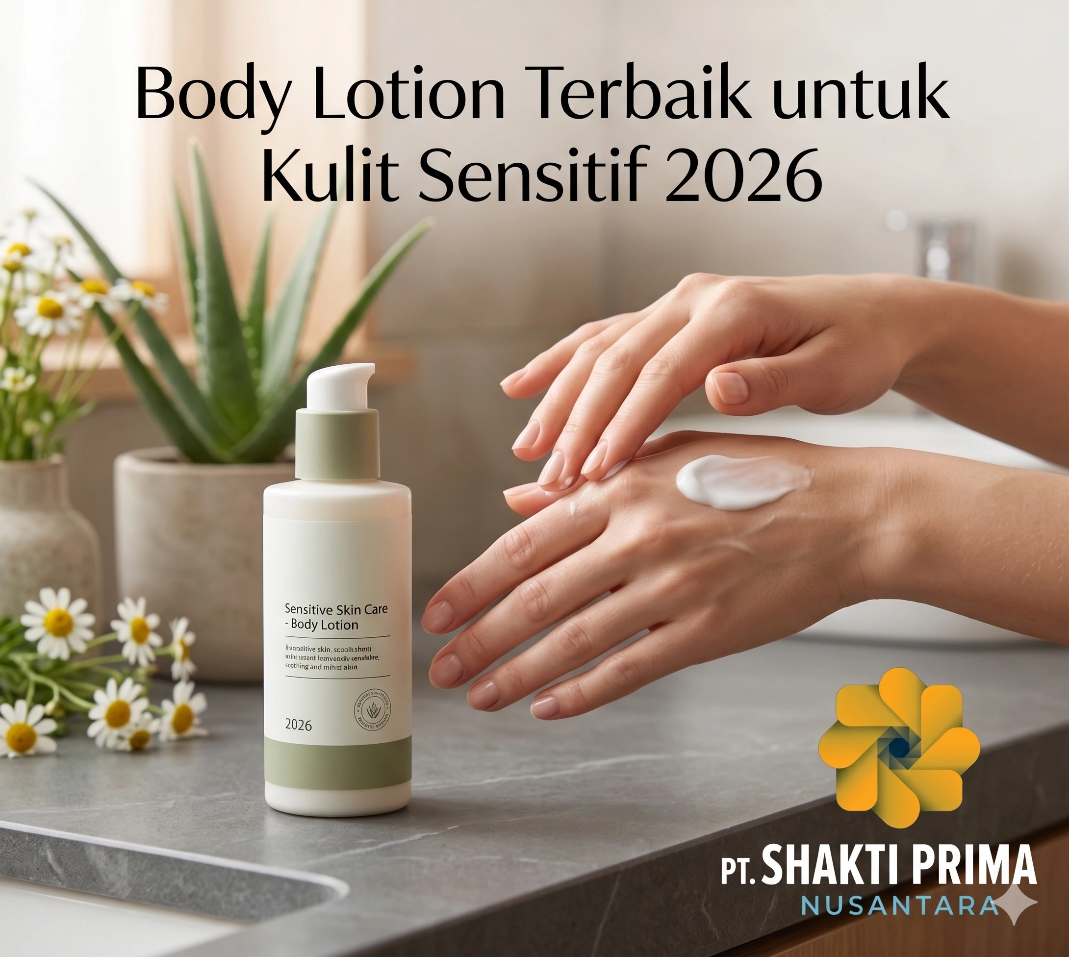 Body Lotion Terbaik untuk Kulit Sensitif 2026 dari PT. Shakti Prima Nusantara. Tekstur losion lembut dan kemasan botol minimalis yang cocok untuk perawatan kulit harian.