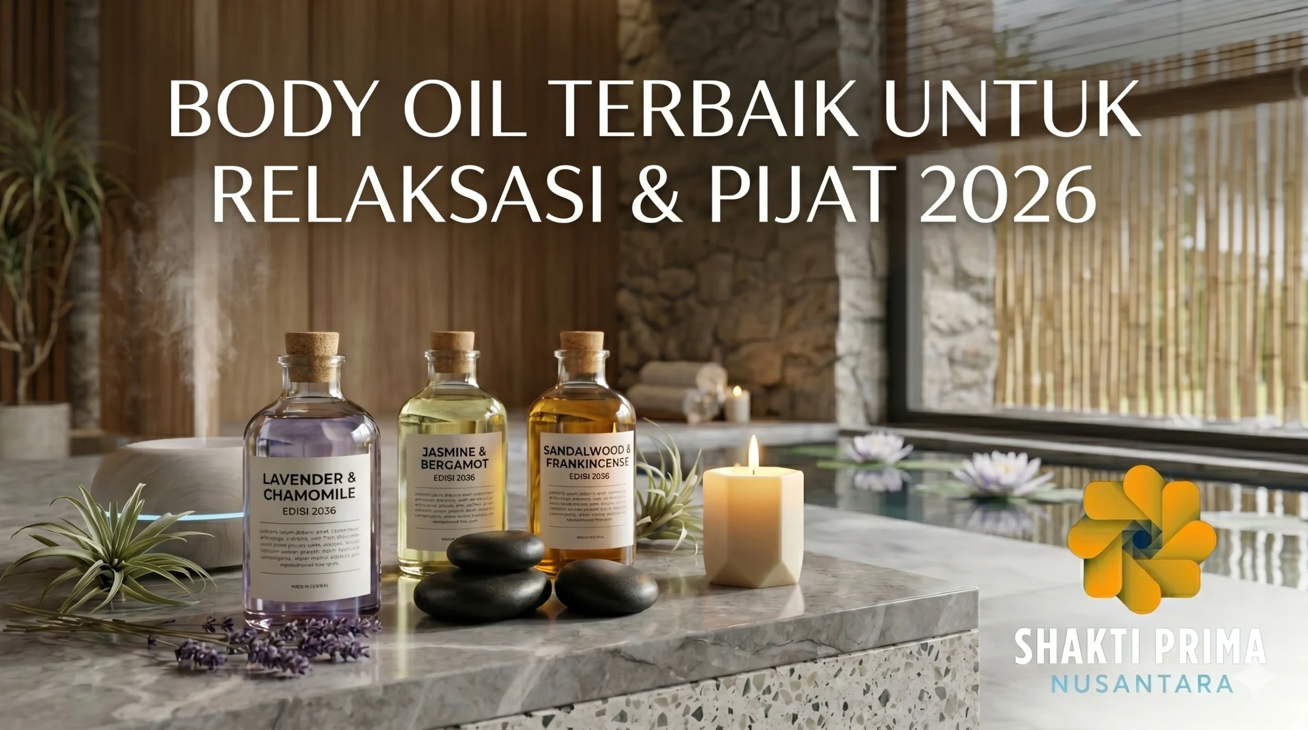 Tiga botol body oil relaksasi mewah di atas meja marmer dengan latar kolam spa tenang, lilin aromaterapi, dan logo Shakti Prima Nusantara untuk promosi produk relaksasi 2026.