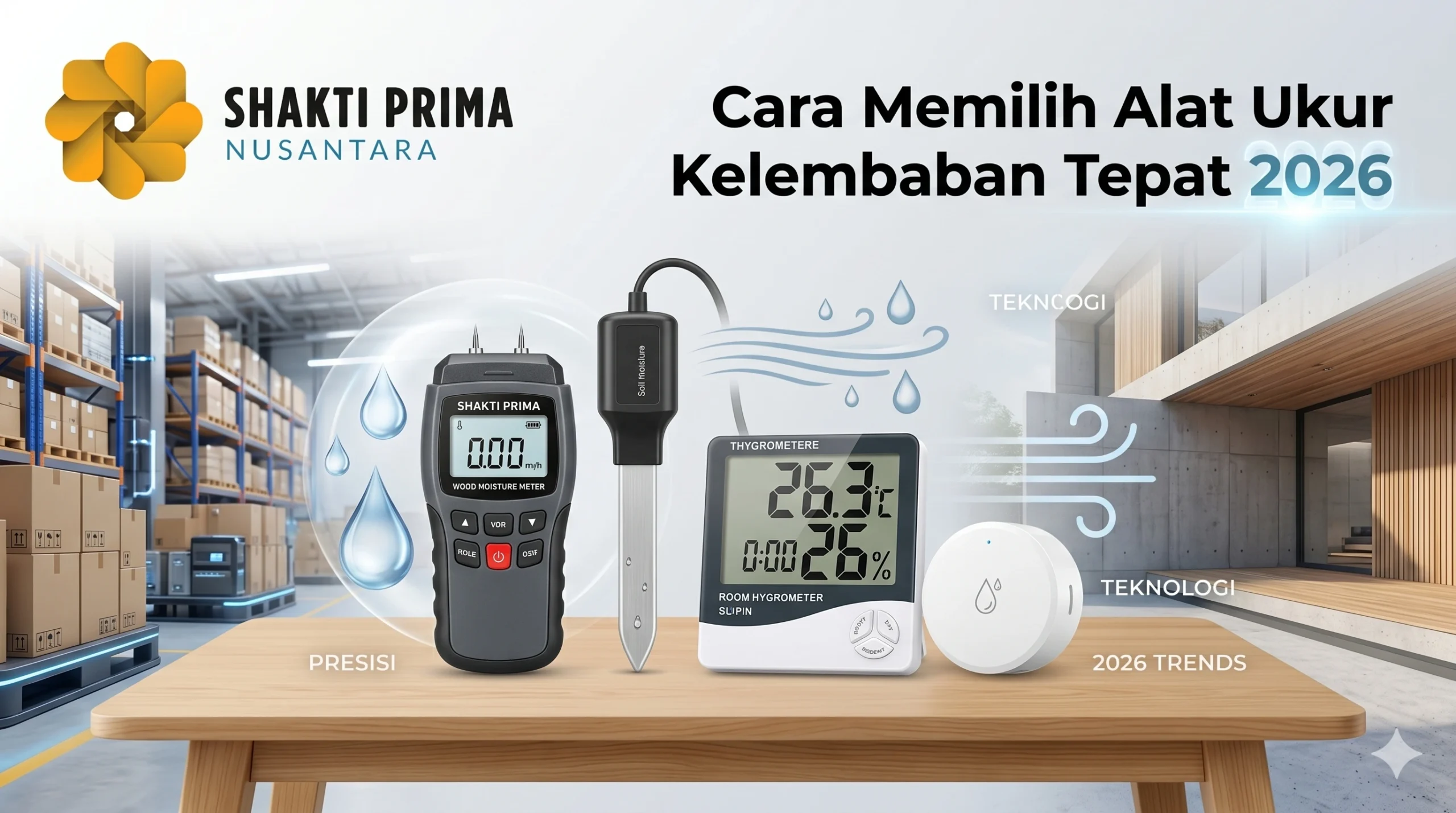 Panduan Cara Memilih Alat Ukur Kelembaban Tepat 2026 oleh Shakti Prima Nusantara, menampilkan Wood Moisture Meter untuk kayu, Soil Moisture Sensor untuk tanah, Higrometer ruangan digital, dan smart sensor kelembaban wireless untuk industri dan gudang.