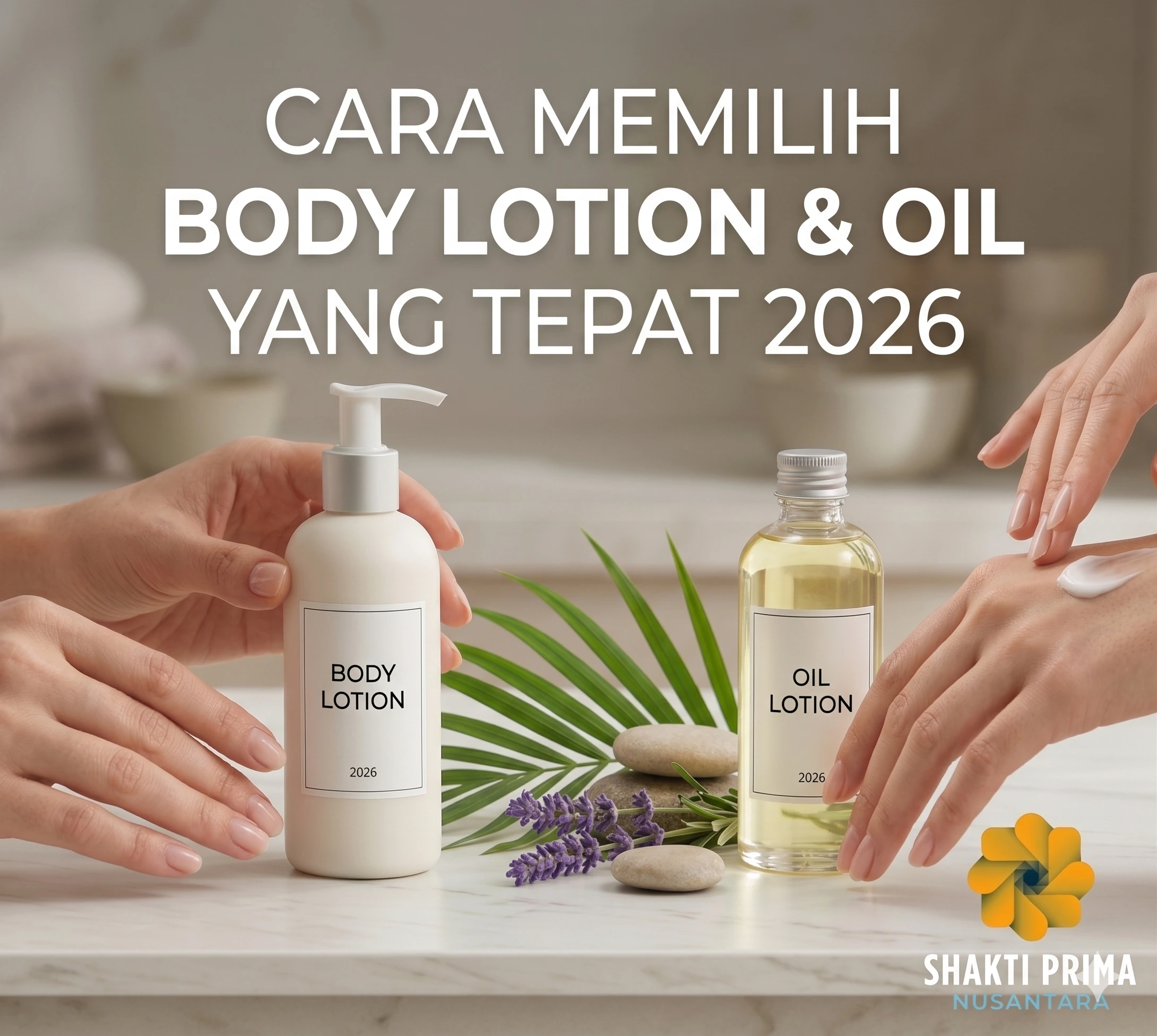 Tips memilih Body Lotion dan Oil Lotion 2026 dari Shakti Prima Nusantara. Gambar produk perawatan tubuh estetik dengan latar belakang marmer dan tanaman herbal untuk kulit sehat.