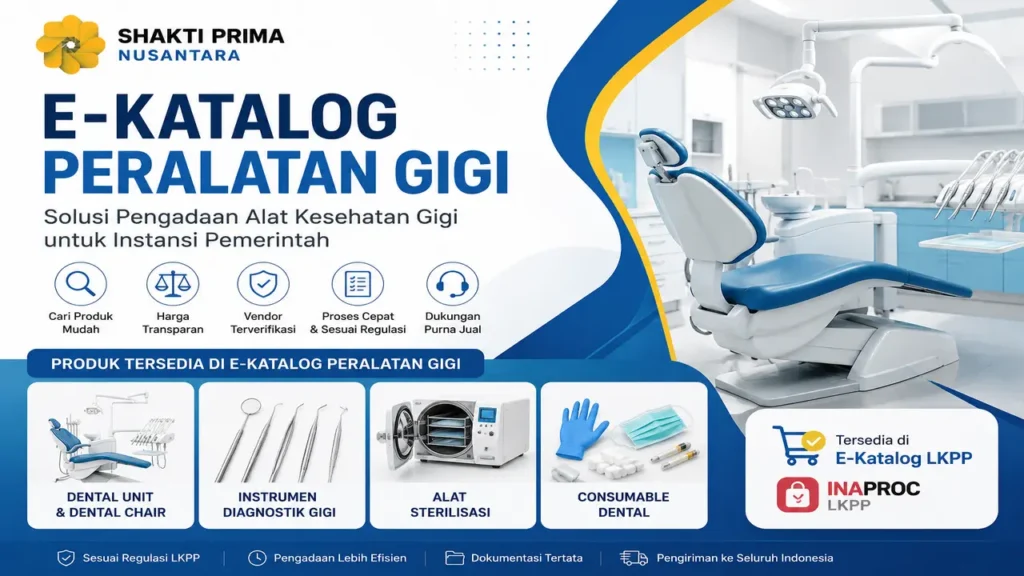 E-Katalog Peralatan Gigi dengan dental chair, alat sterilisasi, instrumen diagnostik gigi, dan logo Shakti Prima Nusantara untuk pengadaan alat kesehatan pemerintah melalui INAPROC LKPP