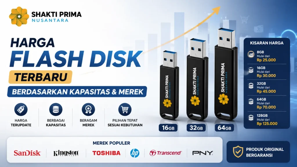 Infografik Shakti Prima Nusantara berjudul Harga Flash Disk Terbaru Berdasarkan Kapasitas & Merek. Menampilkan visual tiga unit flash disk hitam dengan tabel kisaran harga mulai dari kapasitas 8GB, 16GB, 32GB, 64GB, hingga 128GB, serta logo merek populer seperti SanDisk, Kingston, Toshiba