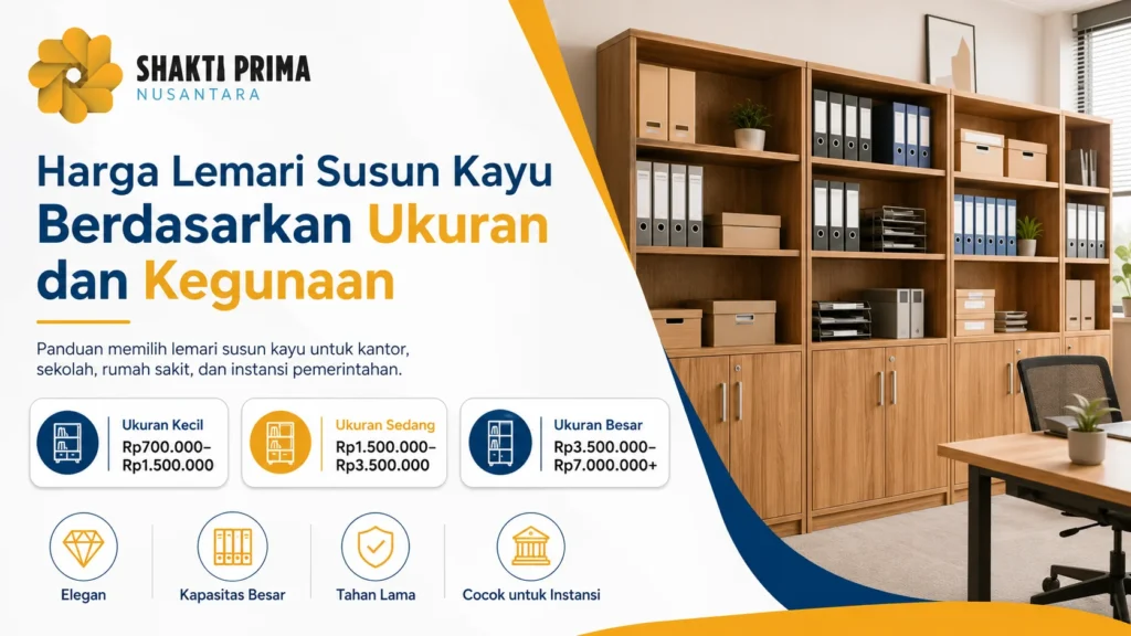 Feature image Shakti Prima Nusantara tentang harga lemari susun kayu berdasarkan ukuran dan kegunaan, menampilkan lemari kayu besar untuk penyimpanan arsip kantor.