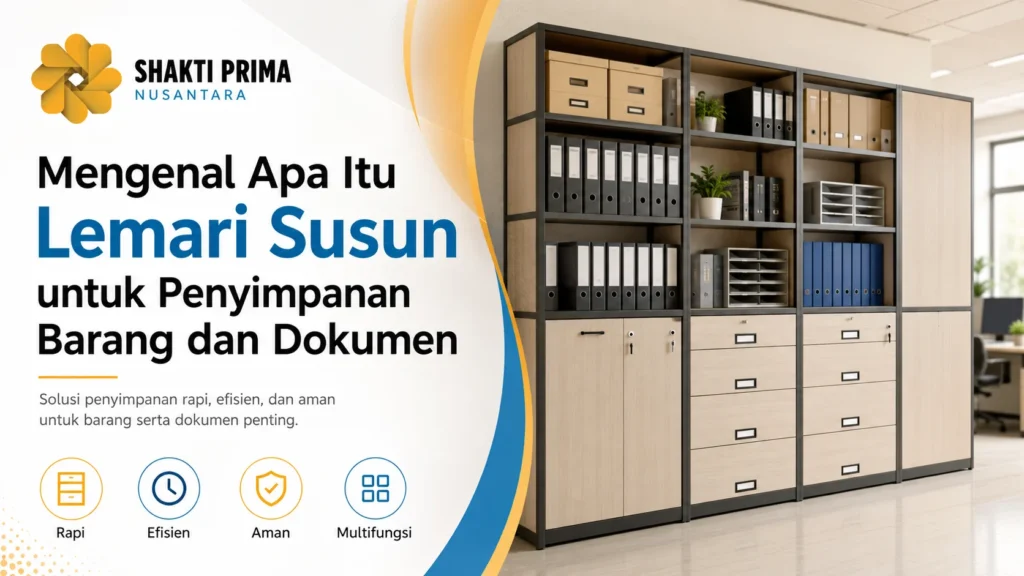 tentang apa itu lemari susununtuk penyimpanan barang dan dokumen, menampilkan lemari kantor modern dengan rak arsip, laci, dan ruang penyimpanan tertata.