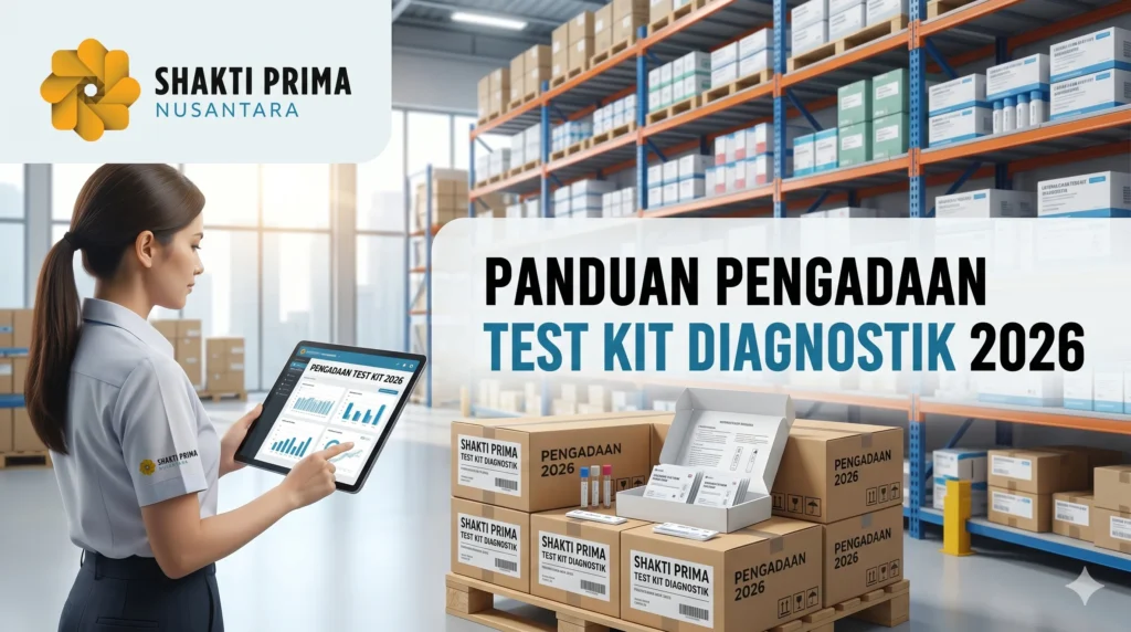 Panduan pengadaan test kit diagnostik 2026 dari Shakti Prima Nusantara, menampilkan proses manajemen stok di gudang farmasi menggunakan tablet digital untuk efisiensi distribusi alat kesehatan.