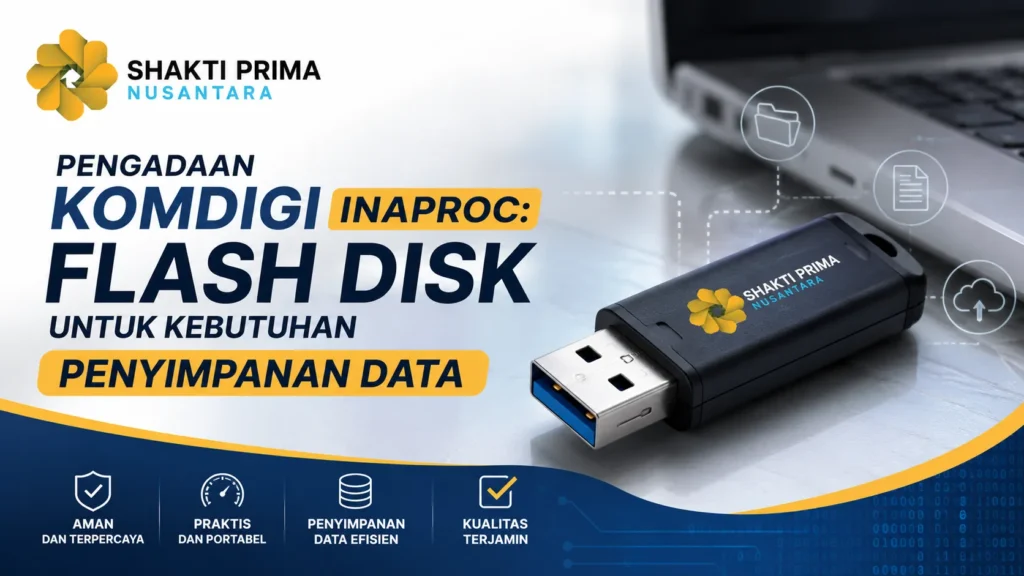 Shakti Prima Nusantara berjudul Pengadaan Komdigi Inaproc: Flash Disk untuk Kebutuhan Penyimpanan Data. Menampilkan unit flash disk hitam berlogo perusahaan, laptop, serta informasi keunggulan produk seperti aman, praktis, efisien, dan kualitas terjamin.