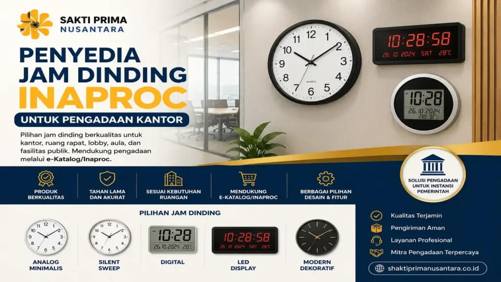 Penyedia Jam Dinding Inaproc untuk Pengadaan Kantor – PT. Sakti Prima Nusantara menyediakan jam dinding analog, digital, LED display, dan silent sweep berkualitas untuk kebutuhan kantor, ruang rapat, lobby, aula, serta fasilitas publik melalui e-Katalog dan Inaproc.