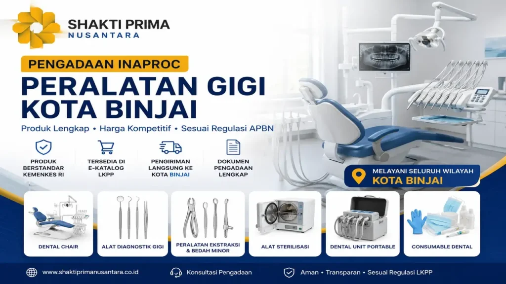 pengadaan peralatan gigi Inaproc Kota Binjai dengan ilustrasi dental chair, alat kesehatan gigi, suasana fasilitas kesehatan pemerintah, dan logo Shakti Prima Nusantara.