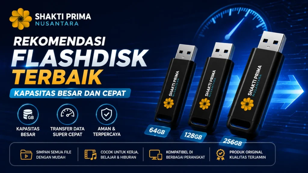 Banner PT Shakti Prima Nusantara berjudul Rekomendasi Flashdisk Terbaik Kapasitas Besar dan Cepat. Menampilkan tiga unit flash disk hitam bermerek Shakti Prima Nusantara dengan pilihan kapasitas 64GB, 128GB, dan 256GB berlatar belakang visual kecepatan digital berwarna biru.