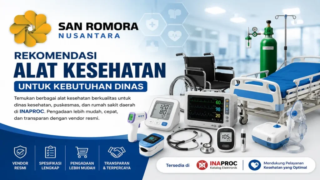 Rekomendasi alat kesehatan untuk kebutuhan dinas di INAPROC dengan berbagai peralatan medis seperti ranjang pasien, kursi roda, tabung oksigen, monitor pasien, tensimeter digital, nebulizer, dan pulse oximeter dari vendor resmi PT San Romora Nusantara