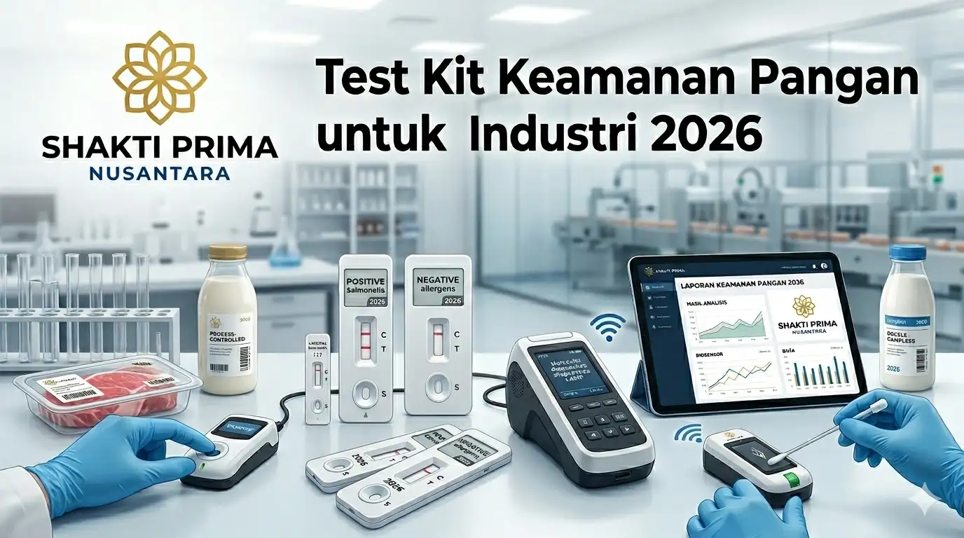 nfografis Shakti Prima Nusantara berjudul Test Kit Keamanan Pangan untuk Industri 2026. Menampilkan suasana laboratorium modern tempat pengujian sampel daging kemasan dan susu botol. Di atas meja terdapat strip tes cepat (rapid test) dengan hasil positif Salmonella dan negatif alergen, alat ukur genggam digital berkoneksi nirkabel, serta tablet yang menampilkan grafik Laporan Keamanan Pangan 2026.