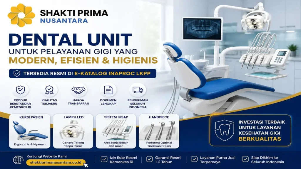 dental unit untuk pengadaan pemerintah dengan ilustrasi kursi dental modern, peralatan dokter gigi, penyedia Shakti Prima Nusantara di E-Katalog LKPP.