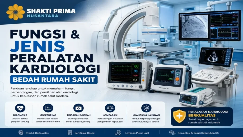 Ilustrasi jenis peralatan kardiologi di rumah sakit seperti ECG, defibrillator, dan cath lab untuk diagnosis dan tindakan bedah jantung