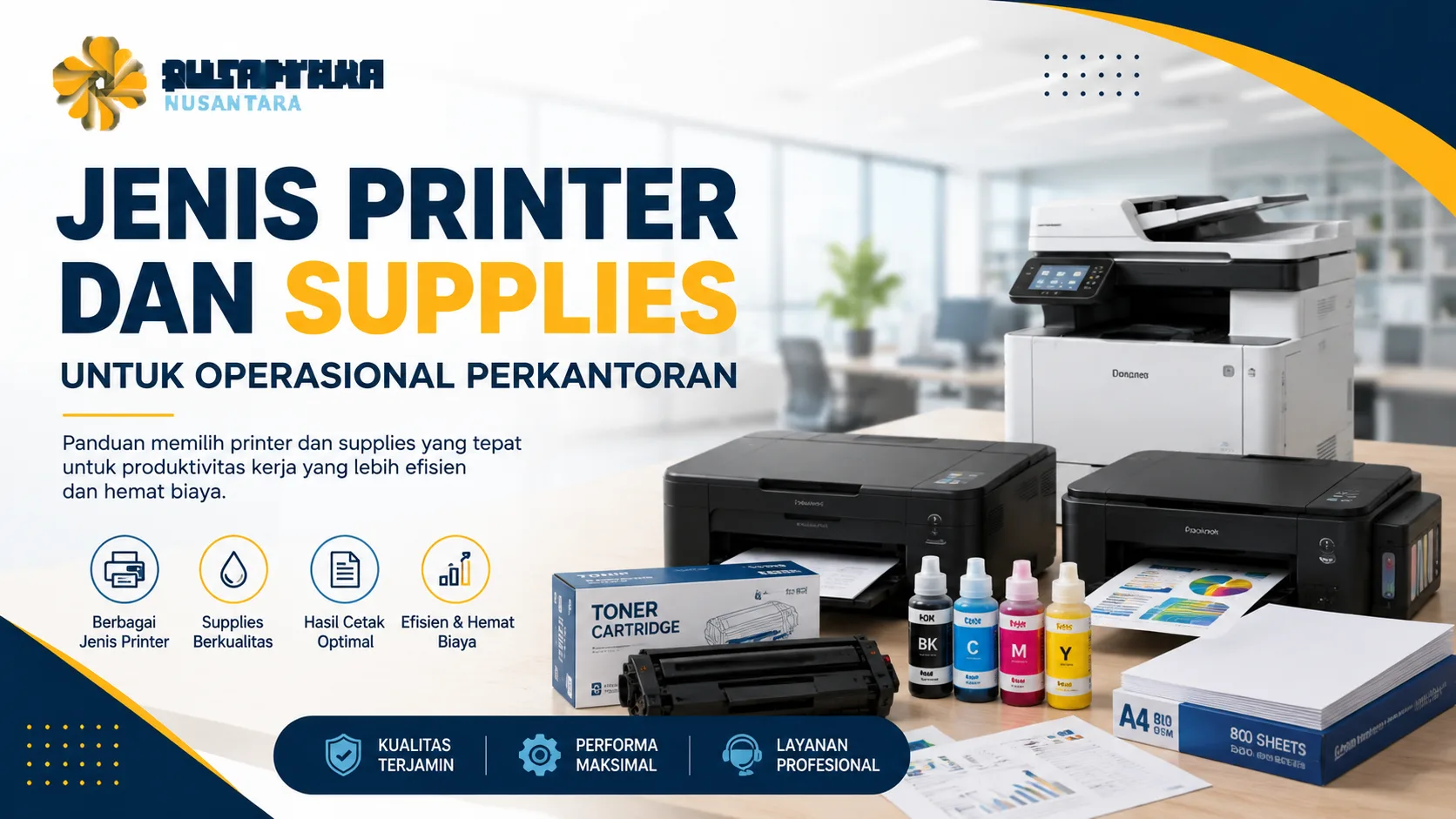 Jenis printer dan supplies untuk operasional perkantoran meliputi printer inkjet, printer laser, toner, tinta, dan perlengkapan cetak untuk mendukung produktivitas kantor.