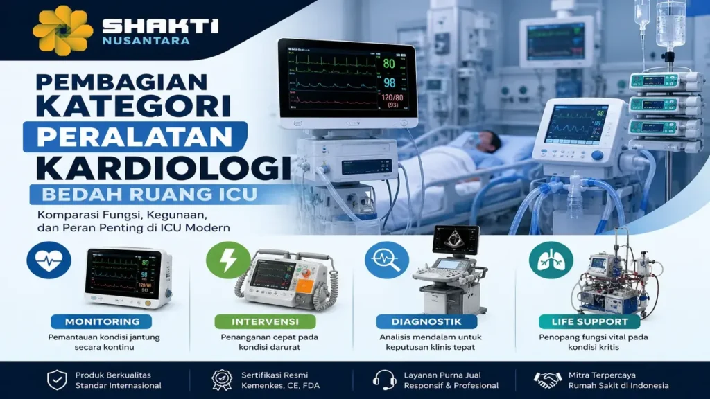 Pembagian kategori peralatan kardiologi ICU meliputi monitoring, intervensi, diagnostik, dan life support di rumah sakit