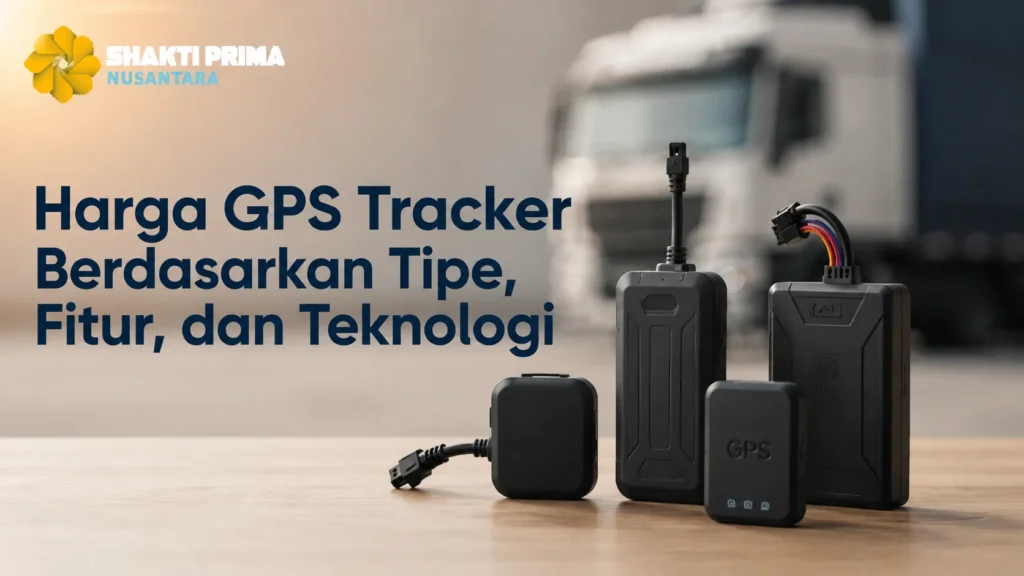 Banner Harga GPS Tracker Berdasarkan Tipe, Fitur, dan Teknologi dari Shakti Prima Nusantara, menampilkan berbagai jenis perangkat alat pelacak GPS kendaraan dengan latar belakang armada truk.