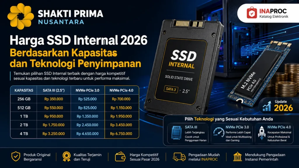 Banner dari Shakti Prima Nusantara menampilkan tabel harga SSD internal 2026. Tabel memuat perbandingan harga untuk tipe SATA III, NVMe PCIe 3.0, dan NVMe PCIe 4.0 dengan variasi kapasitas mulai dari 256 GB seharga 350 ribu rupiah hingga kapasitas 4 TB seharga 6,75 juta rupiah di e-katalog INAPROC.