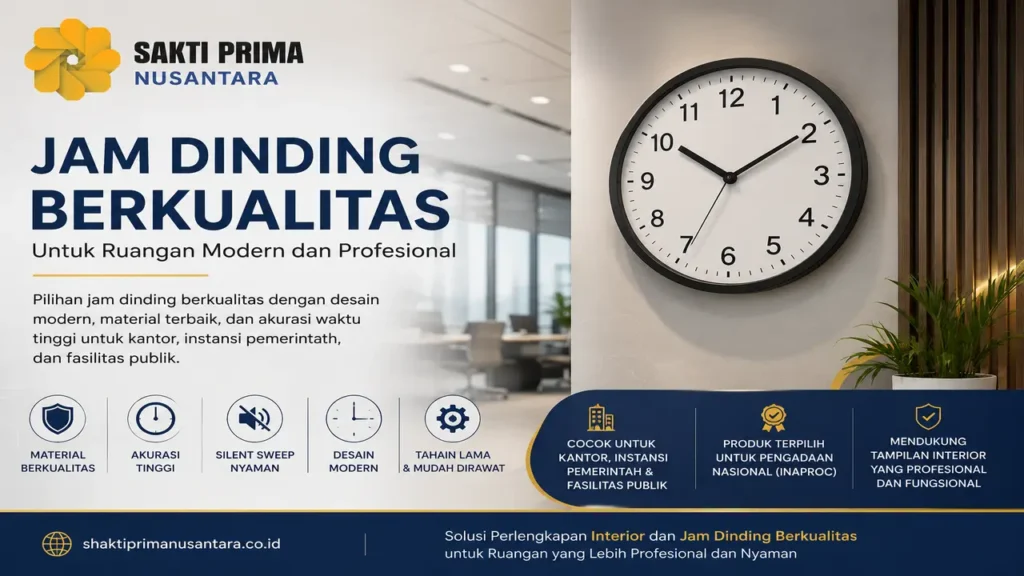 jam dinding berkualitas untuk kantor dan instansi pemerintah dari PT Sakti Prima Nusantara dengan desain interior modern, menampilkan jam dinding minimalis di ruang kerja profesional.