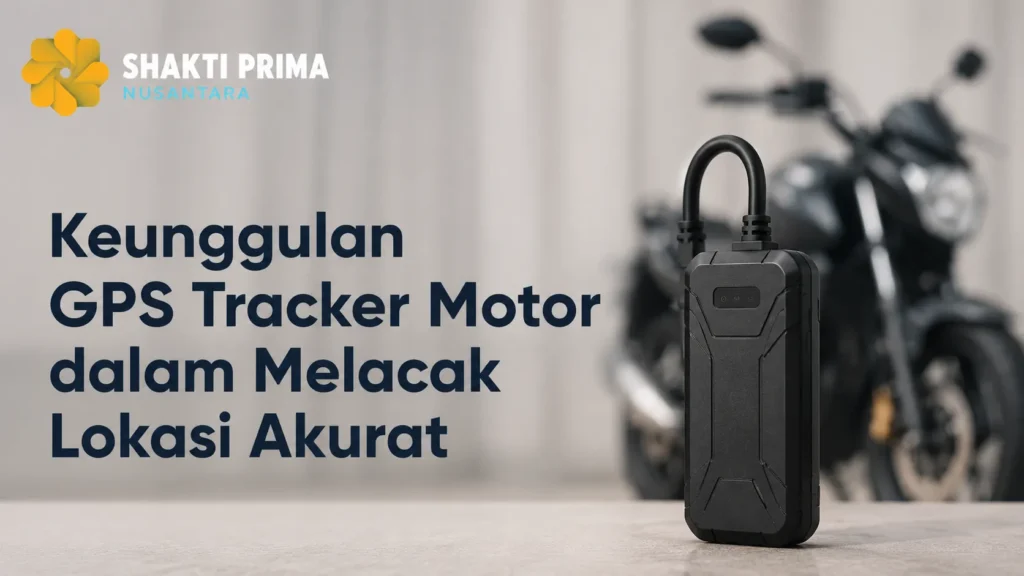 Banner edukasi Keunggulan GPS Tracker Motor dalam Melacak Lokasi Akurat dari Shakti Prima Nusantara, menampilkan alat pelacak kendaraan dengan latar belakang sepeda motor sport hitam.