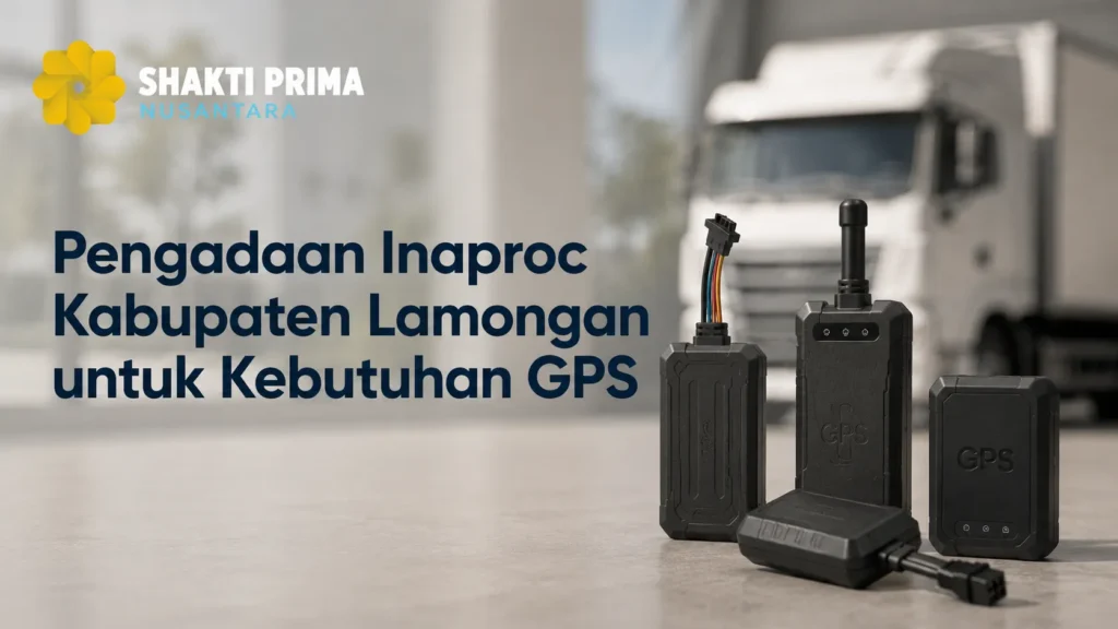 Banner Pengadaan Inaproc Kabupaten Lamongan untuk Kebutuhan GPS dari Shakti Prima Nusantara, menampilkan variasi perangkat pelacak kendaraan dengan latar belakang armada truk.