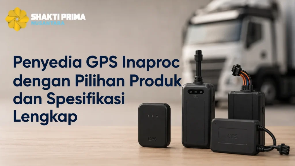 Banner layanan Penyedia GPS Inaproc dengan Pilihan Produk dan Spesifikasi Lengkap dari Shakti Prima Nusantara, menampilkan berbagai jenis alat pelacak GPS kendaraan dengan latar belakang truk logistik.