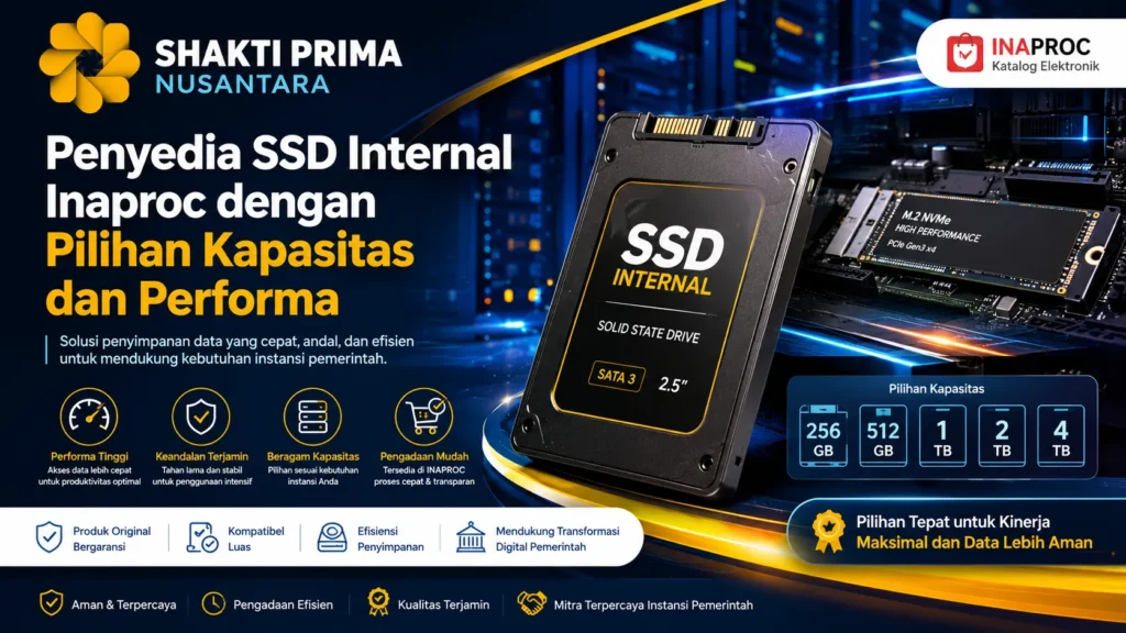 Banner promosi Shakti Prima Nusantara sebagai Penyedia SSD Internal Inaproc dengan berbagai pilihan kapasitas dan performa.
