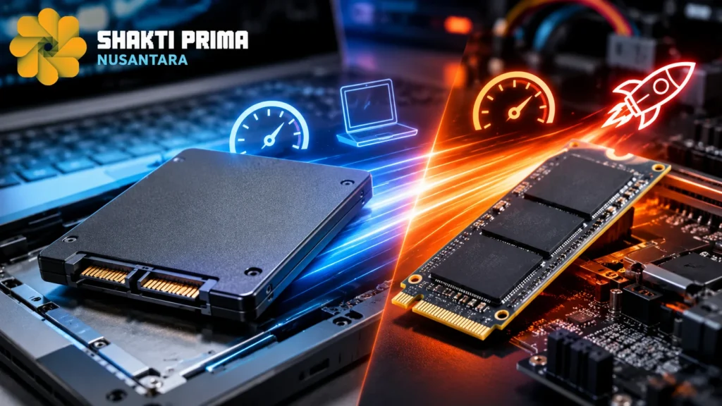 Perbandingan SSD SATA dan SSD NVMe pada perangkat komputer modern dengan visual performa tinggi, menampilkan perbedaan teknologi penyimpanan untuk kebutuhan upgrade dan komputasi yang lebih cepat.