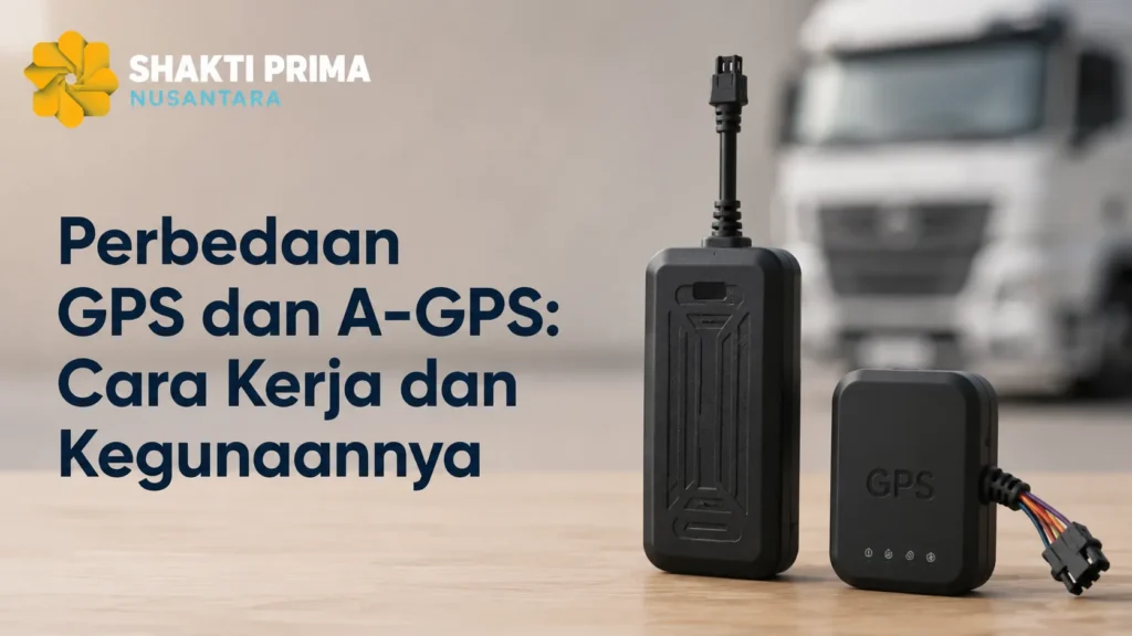 Banner edukasi Perbedaan GPS dan A-GPS: Cara Kerja dan Kegunaannya dari Shakti Prima Nusantara, menampilkan dua jenis perangkat alat pelacak kendaraan dengan latar belakang truk niaga.