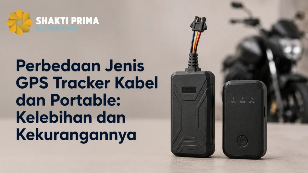Banner edukasi Perbedaan Jenis GPS Tracker Kabel dan Portable: Kelebihan dan Kekurangannya dari Shakti Prima Nusantara, menampilkan dua tipe perangkat pelacak berlatar belakang motor sport.