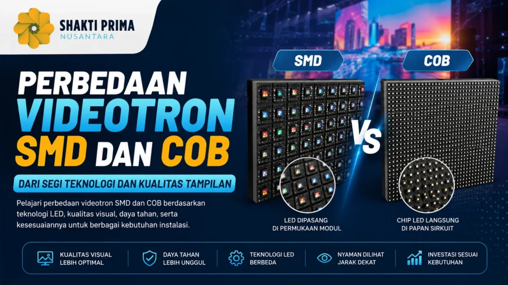 Ilustrasi gambar perbedaan videotron SMD dan COB dari segi teknologi LED, kualitas tampilan, daya tahan, dan kebutuhan instalasi