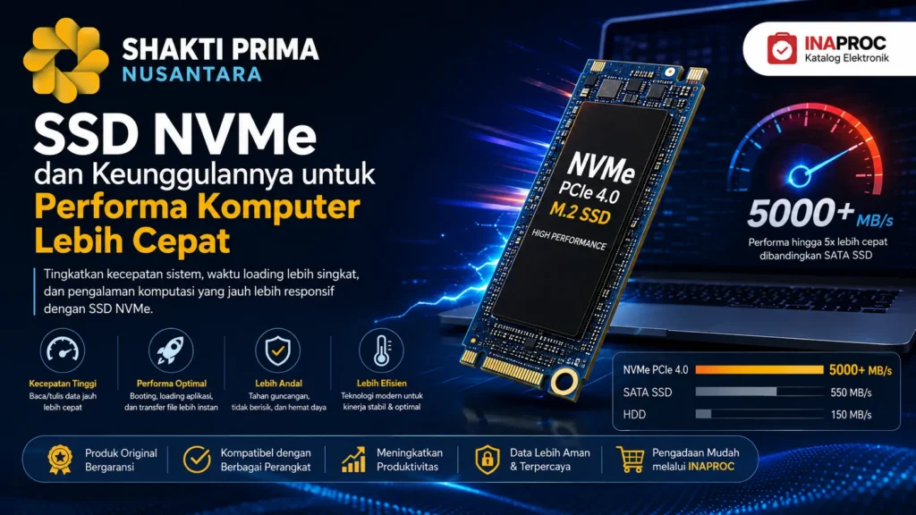 Banner promosi Shakti Prima Nusantara mengenai SSD NVMe M.2 PCIe 4.0 berkecepatan tinggi di atas 5000 MB per detik. Menampilkan grafik perbandingan kecepatan dengan SATA SSD dan HDD, serta fitur utama seperti efisiensi daya, ketahanan guncangan, dan kemudahan pengadaan melalui INAPROC.