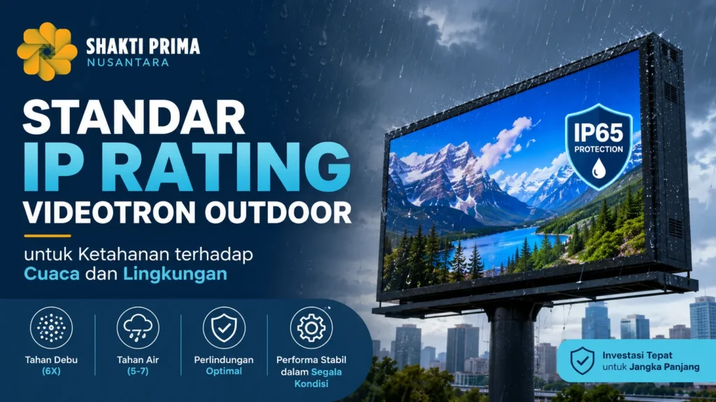 Ilustrasi gambar standar IP rating videotron outdoor untuk ketahanan terhadap cuaca, debu, hujan, dan lingkungan luar ruangan