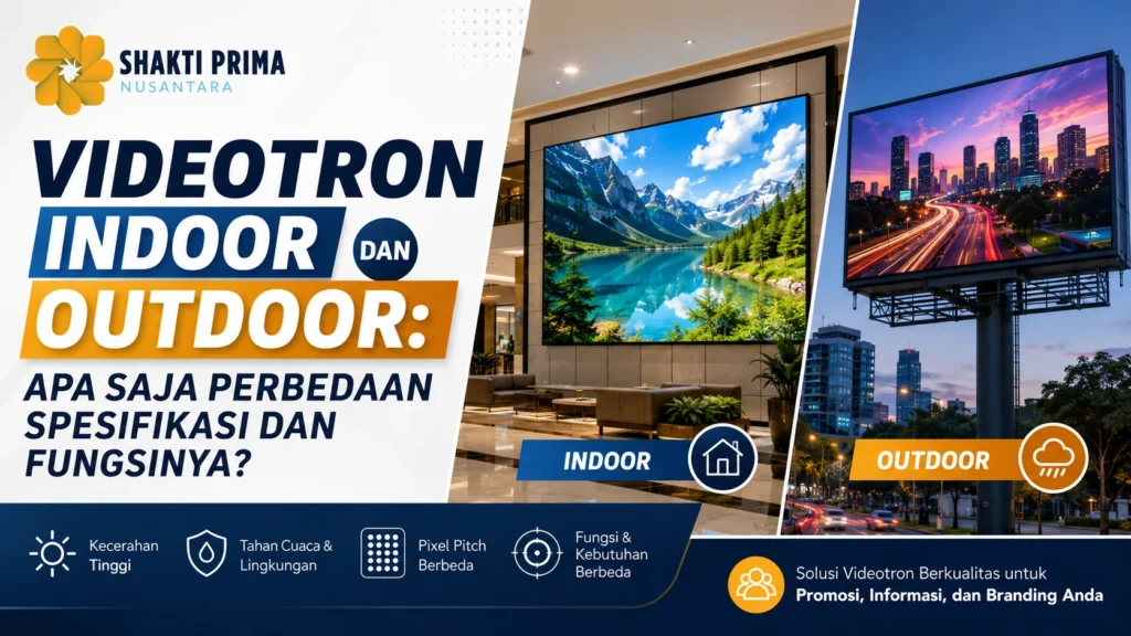Ilustrasi gambar videotron indoor dan outdoor yang menampilkan perbedaan spesifikasi, tingkat kecerahan, ketahanan lingkungan, dan fungsi untuk kebutuhan promosi serta media informasi
