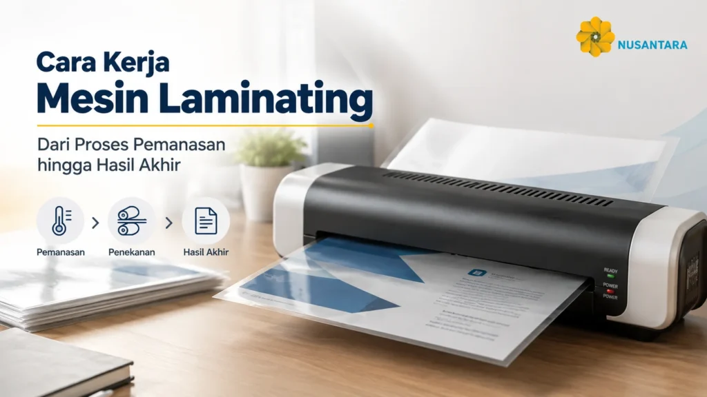 Cara Kerja Mesin Laminating dari proses pemanasan, penekanan roller, hingga menghasilkan dokumen yang telah dilaminasi untuk kebutuhan administrasi instansi.