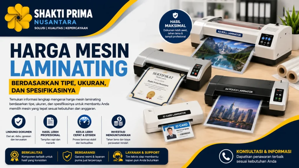 Harga Mesin Laminating berdasarkan tipe, ukuran, dan spesifikasinya dengan ilustrasi berbagai mesin laminating serta logo Shakti Prima Nusantara.