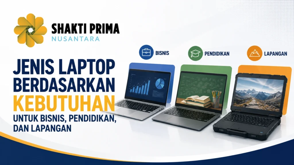 Ilustrasi berbagai Jenis Laptop Berdasarkan Kebutuhan bisnis, pendidikan, dan pekerjaan lapangan dengan logo Shakti Prima Nusantara.