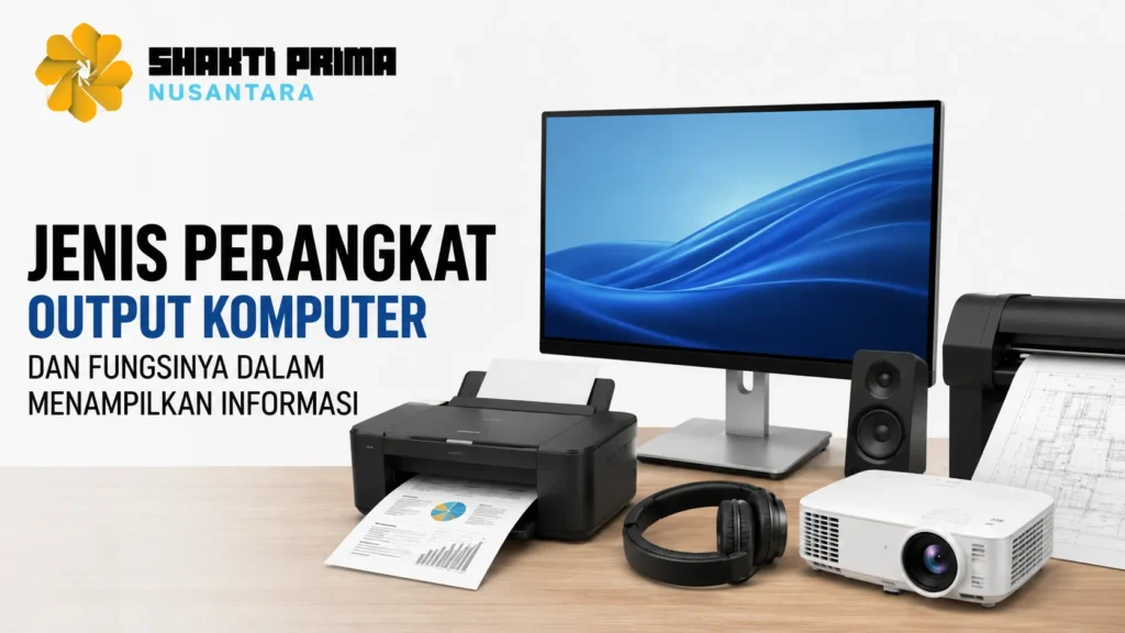 Jenis perangkat output komputer dan fungsinya dalam menampilkan informasi seperti monitor, printer, speaker, dan proyektor.