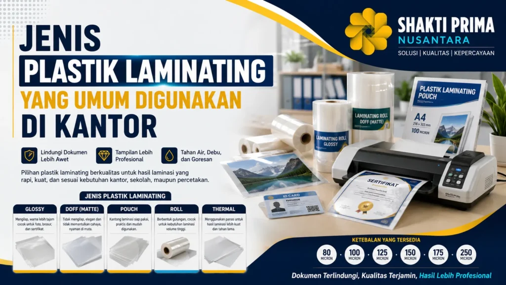 Jenis Plastik Laminating yang umum digunakan di kantor dengan ilustrasi plastik laminating glossy, doff, pouch, roll, thermal, mesin laminating, dan logo Shakti Prima Nusantara.