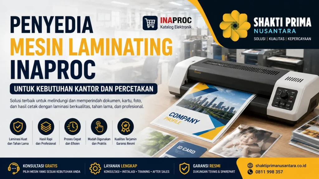 Penyedia Mesin Laminating Inaproc untuk kebutuhan kantor dan percetakan dengan ilustrasi mesin laminating profesional dan logo Shakti Prima Nusantara.
