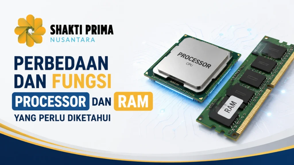 Ilustrasi perbedaan dan fungsi processor dan RAM komputer yang menjelaskan perbedaan serta fungsinya dengan logo Shakti Prima Nusantara.