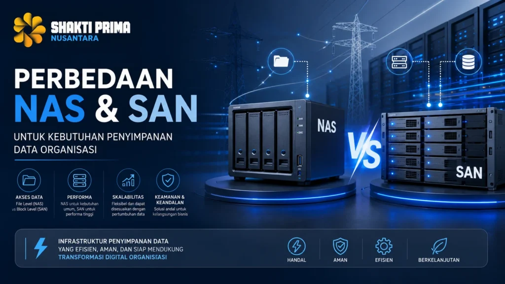 Perbedaan NAS & SAN untuk kebutuhan penyimpanan data organisasi yang membahas akses data, performa storage, skalabilitas infrastruktur, keamanan data, dan efisiensi pengelolaan sistem bersama Shakti Prima Nusantara