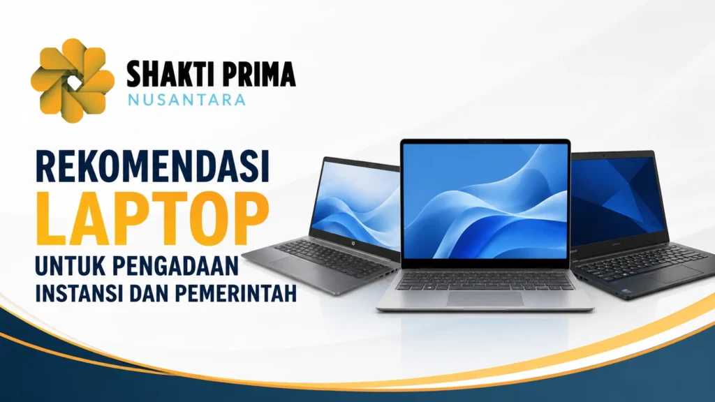 Ilustrasi rekomendasi laptop untuk pengadaan instansi dan pemerintah dengan logo Shakti Prima Nusantara.