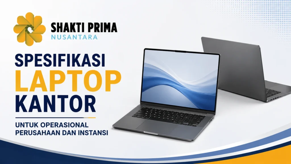 Ilustrasi spesifikasi laptop kantor untuk operasional perusahaan dan instansi dengan logo Shakti Prima Nusantara.