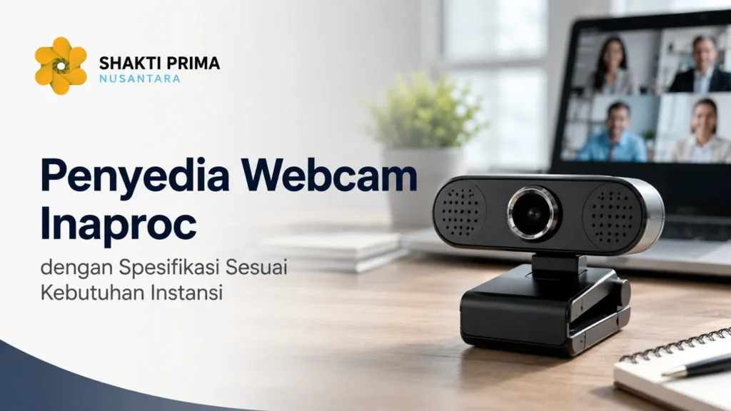 Daftar Harga Webcam Kamera komputer eksternal hitam di atas meja kayu estetik dengan latar laptop konferensi video daring. Menampilkan teks Penyedia Webcam Inaproc dengan Spesifikasi Sesuai Kebutuhan Instansi dan logo Shakti Prima Nusantara.