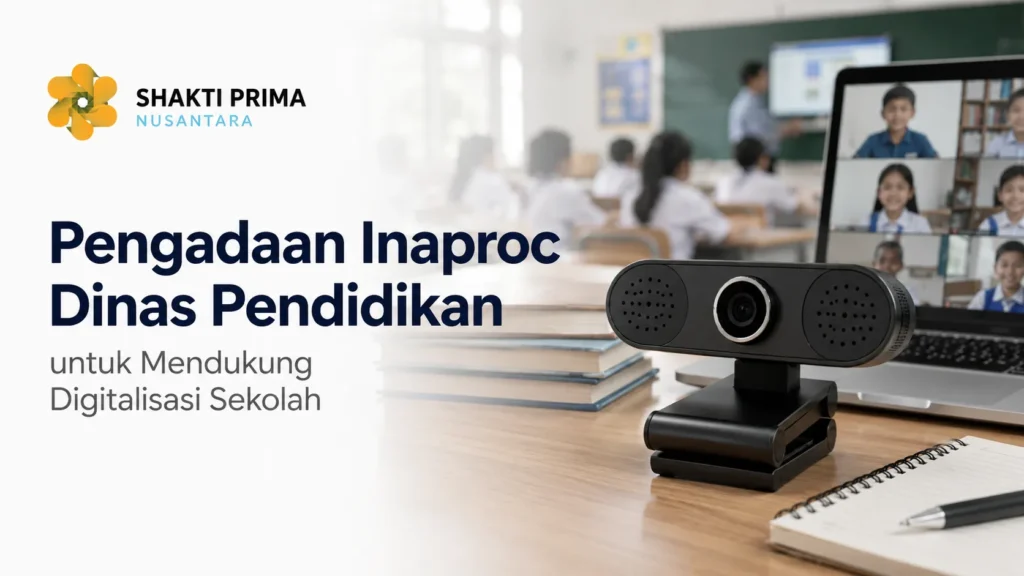 Kamera webcam hitam modern di atas meja sekolah, dengan latar belakang laptop menampilkan kelas daring dan suasana ruang kelas digital. Terdapat logo Shakti Prima Nusantara serta teks Pengadaan Inaproc Dinas Pendidikan untuk Mendukung Digitalisasi Sekolah.